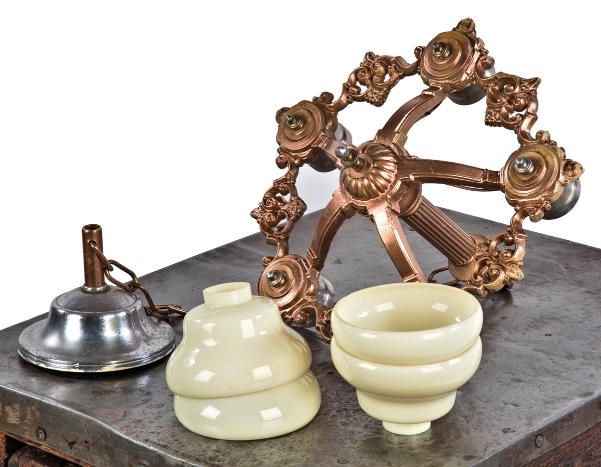 largely intact american depression-era refinished interior residential salvaged chicago five-arm ceiling fixture with custard glass bowl drop shades