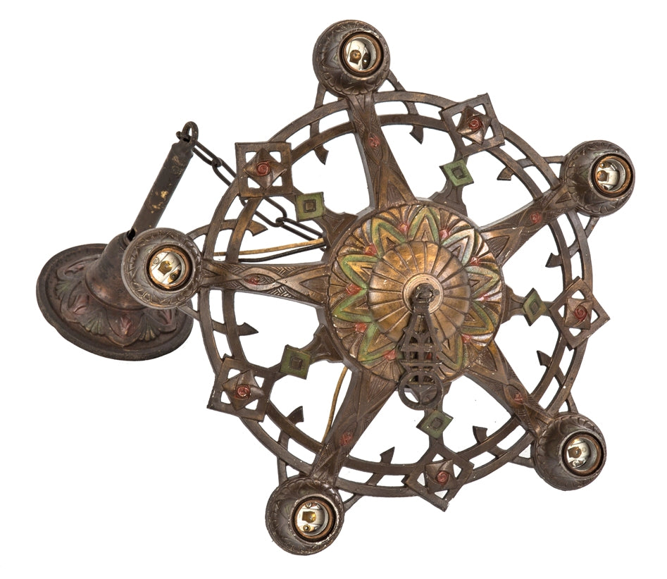 completely intact and all original american art deco style polychromed cast aluminum five-light interior residential barebulb ceiling fixture with chain and canopy