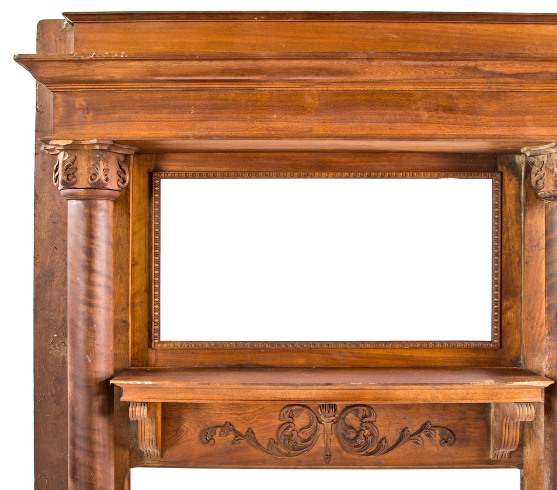 oversized original 19th century flaming birch wood interior residential chicago fireplace mantel salvaged from a mansion undergoing demolition
