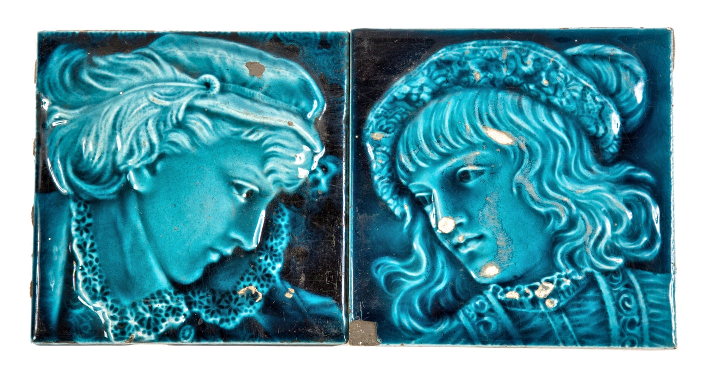 matching set of original 19th century antique american victorian era dark blue majolica glazed elizabethan costumed portrait or figural fireplace tiles
