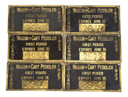 group of six baked black enameled and yellow copper single-sided c. 1920's original stamped city of chicago street peddler licenses with prominently displayed expiration dates