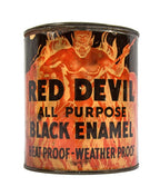original c. 1940's "red devil" black enamel salvaged chicago paint can with remarkable intact paper label depicting a deil surrounded by flames