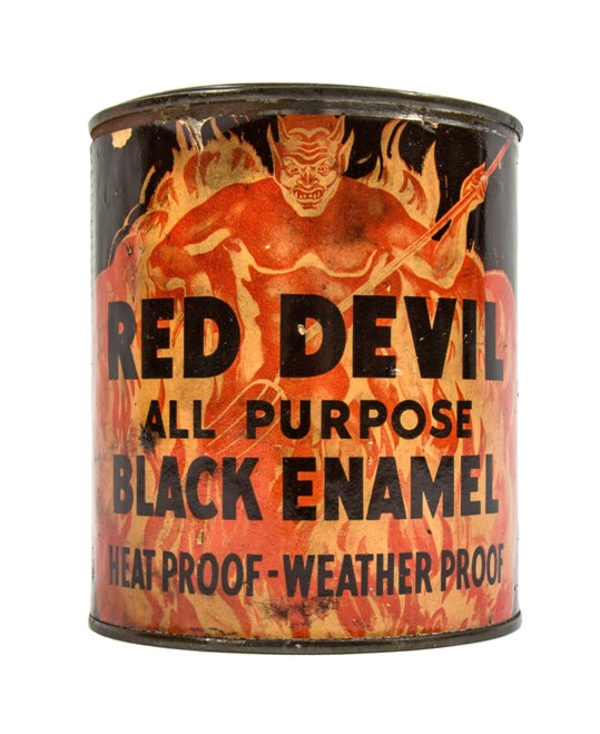 original c. 1940's "red devil" black enamel salvaged chicago paint can with remarkable intact paper label depicting a deil surrounded by flames
