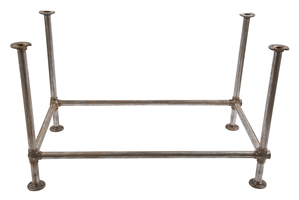 c. 1940's american antique industrial salvaged chicago brushed metal four-legged workbench or table pipe base sealed with clear coat lacquer