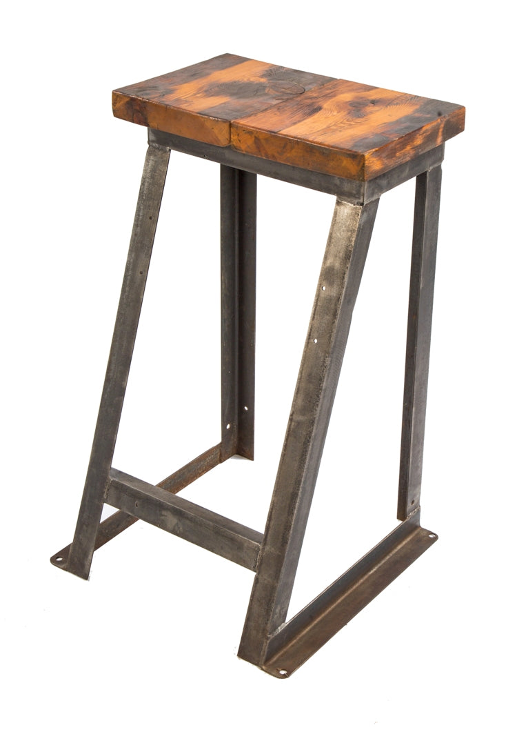 one of three closely matching vintage american industrial brushed steel side table or stand with newly added old growth wood tabletop