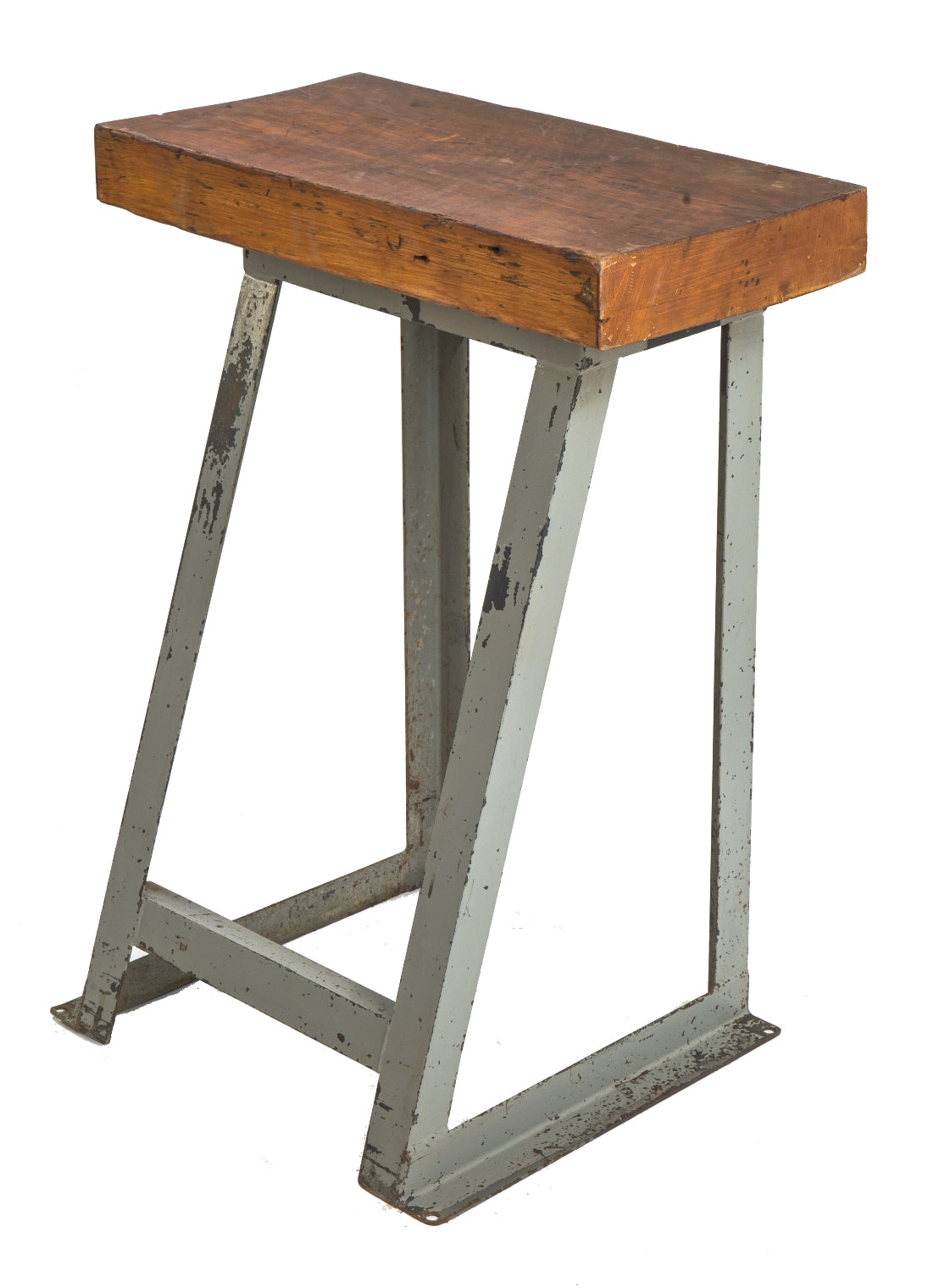 stationary c. 1940's vintage american industrial angled steel robust side table or work stand with newly added old growth pine wood top