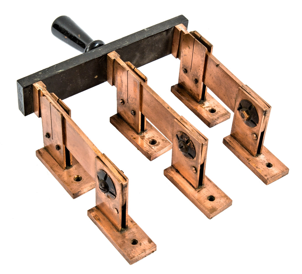 highly sought after oversized antique american industrial early 20th century solid copper three-arm no fuse heavy duty switchboard panel knife switch with wood handle