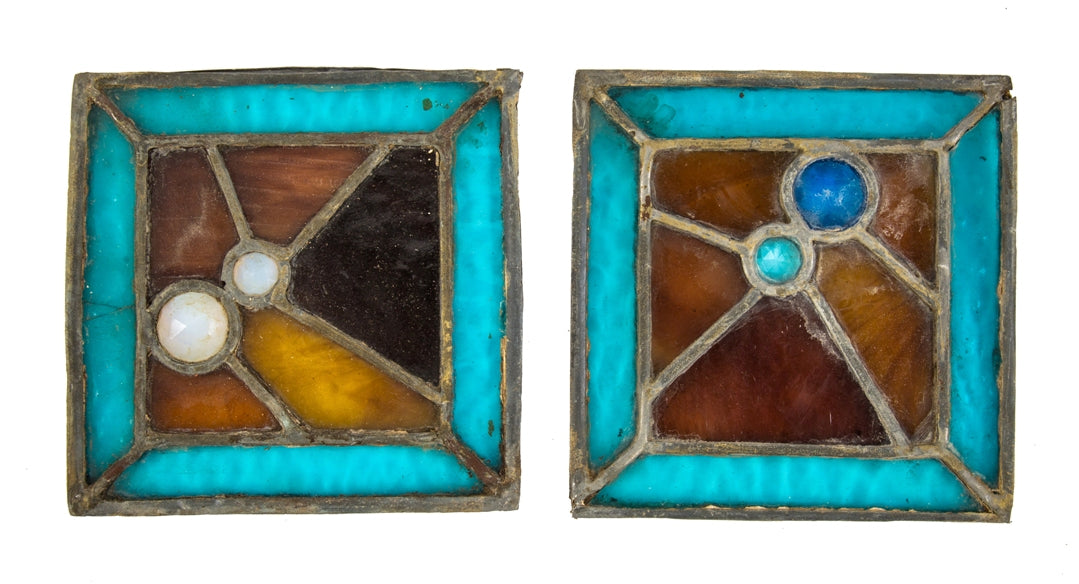 two matching antique american victorian era diminutive leaded art glass square-shaped salvaged chicago panels with faceted jewels