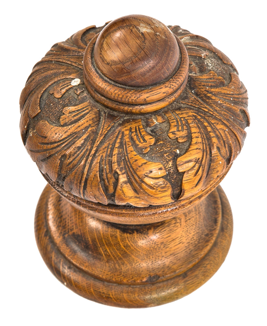 19th century salvaged chicago quarter-sawn oak varnished wood turned interior residential staircase newel post finial with hand-carved leafage
