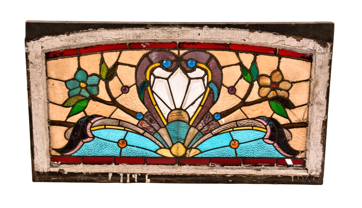 original and largely intact late 1880's exquisite victorian era salvaged chicago residential transom window with beveled glass and multiple jewels
