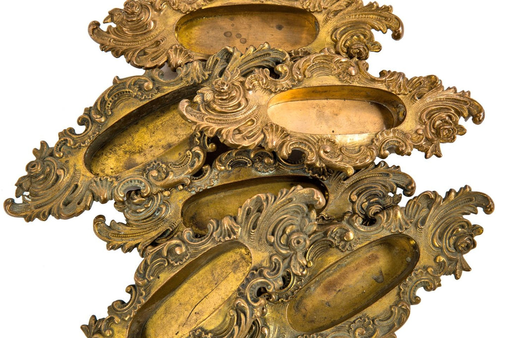 six matching original 1890's antique american ornamental cast brass "vilaine" pattern window sash pulls