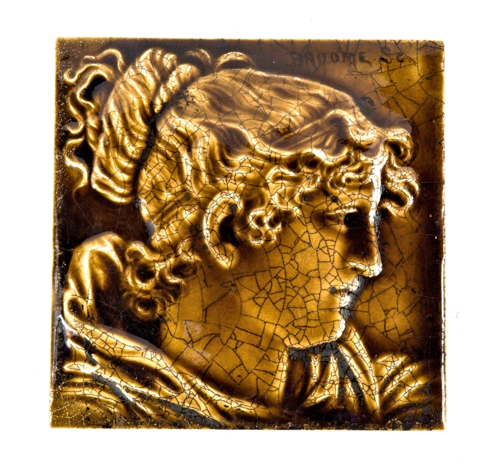hard to find all original salvaged chicago 1880's  issac broome-designed deeply embossed figural majolica fireplace tile with allover crazed finish