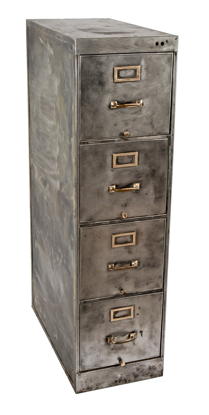 c. 1940's salvaged chicago vintage american industrial pressed and folded steel four-drawer filing cabinet with brushed metal finish