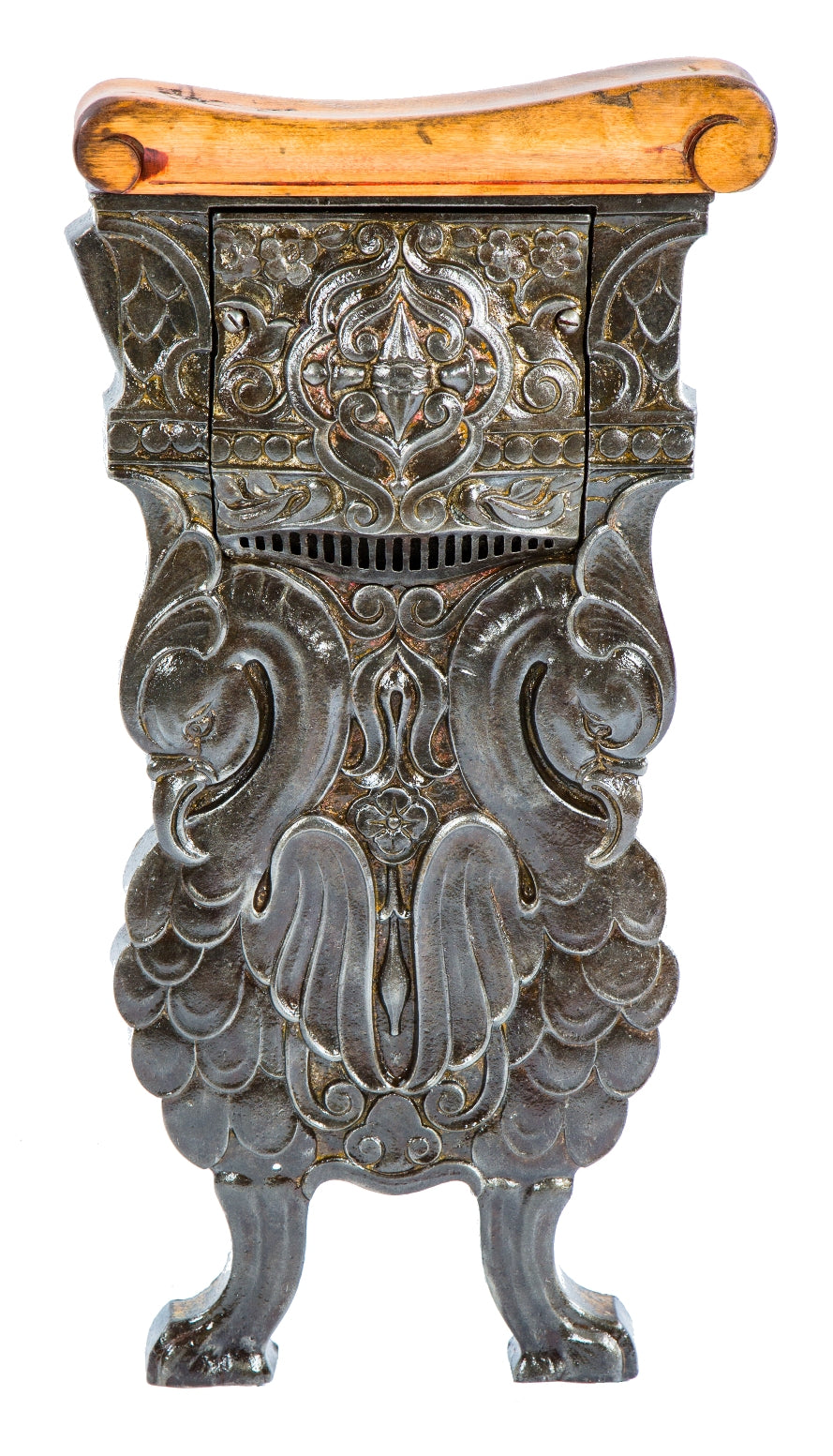 c. 1920's historically important ornamental cast iron salvaged chicago oriental theater auditorium figural seat end with detachable light grille