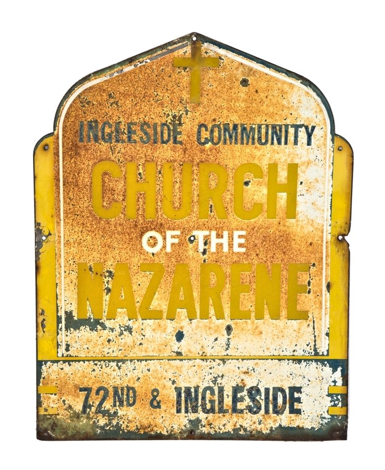 historically important exterior salvaged southside chicago ingleside community "church of the nazarene" weathered and worn die cut enameled steel church sign