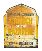 historically important exterior salvaged southside chicago ingleside community "church of the nazarene" weathered and worn die cut enameled steel church sign