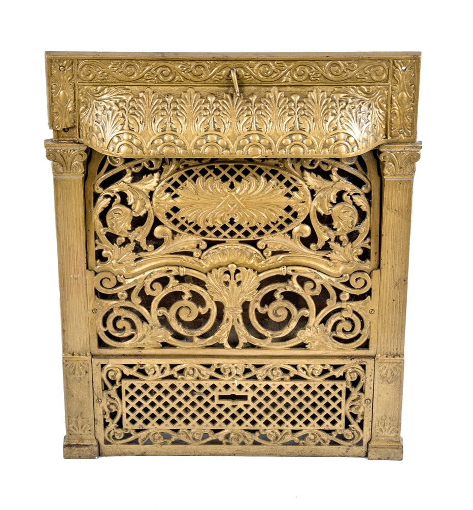 original late 19th century fully functional salvaged chicago interior residential ornamental cast iron fireplace gas insert with intact 3-section perforated grille