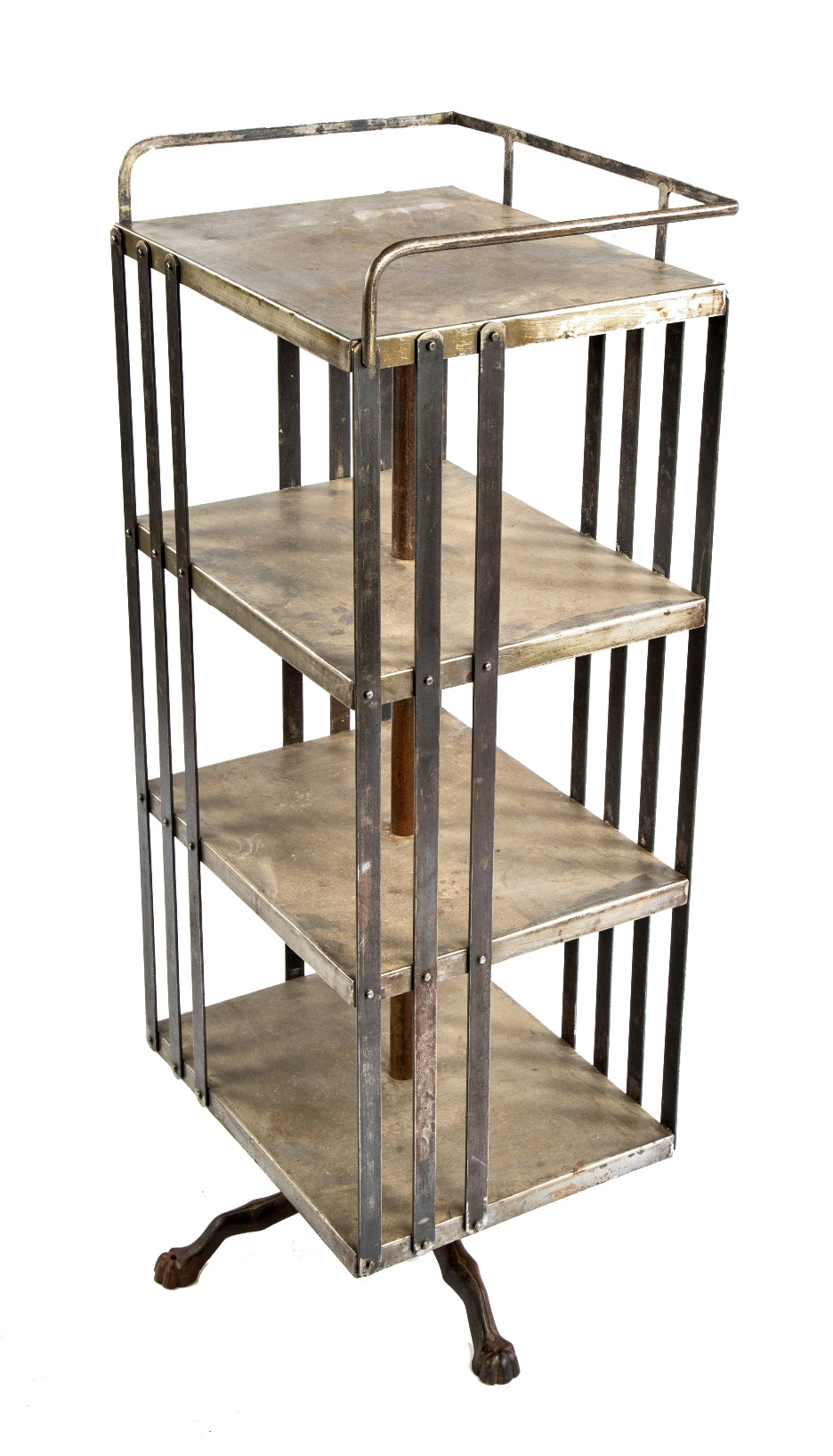 rare all original and fully functional early 20th century antique american industrial freestanding revolving bookstand with steel slats and railguard