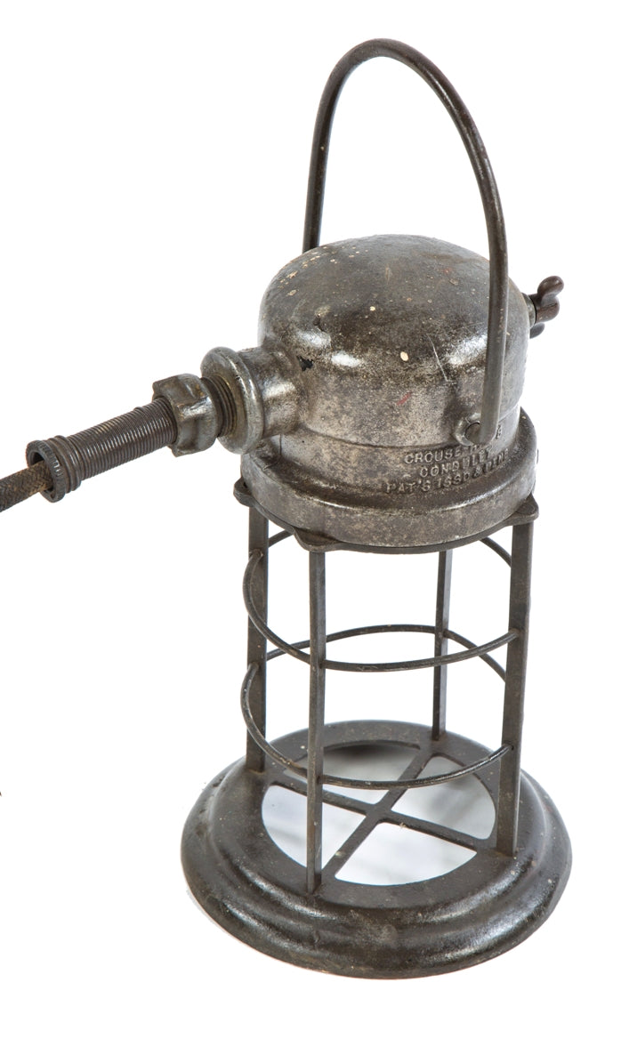 unusual refinished c. 1930's american depression era crouse-hinds marine or nautical handheld "explosion proof" light or lamp with drop hand and cage