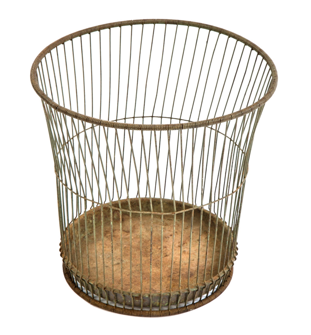 c. 1916-18 antique american industrial heavy duty coiled steel "daisy" factory office waste can with nicely weathered surface patina