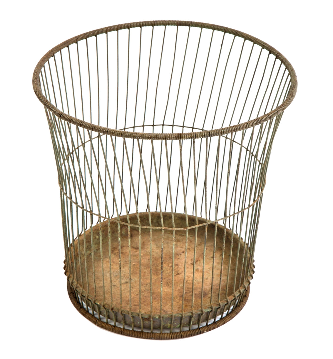 c. 1916-18 antique american industrial heavy duty coiled steel "daisy" factory office waste can with nicely weathered surface patina