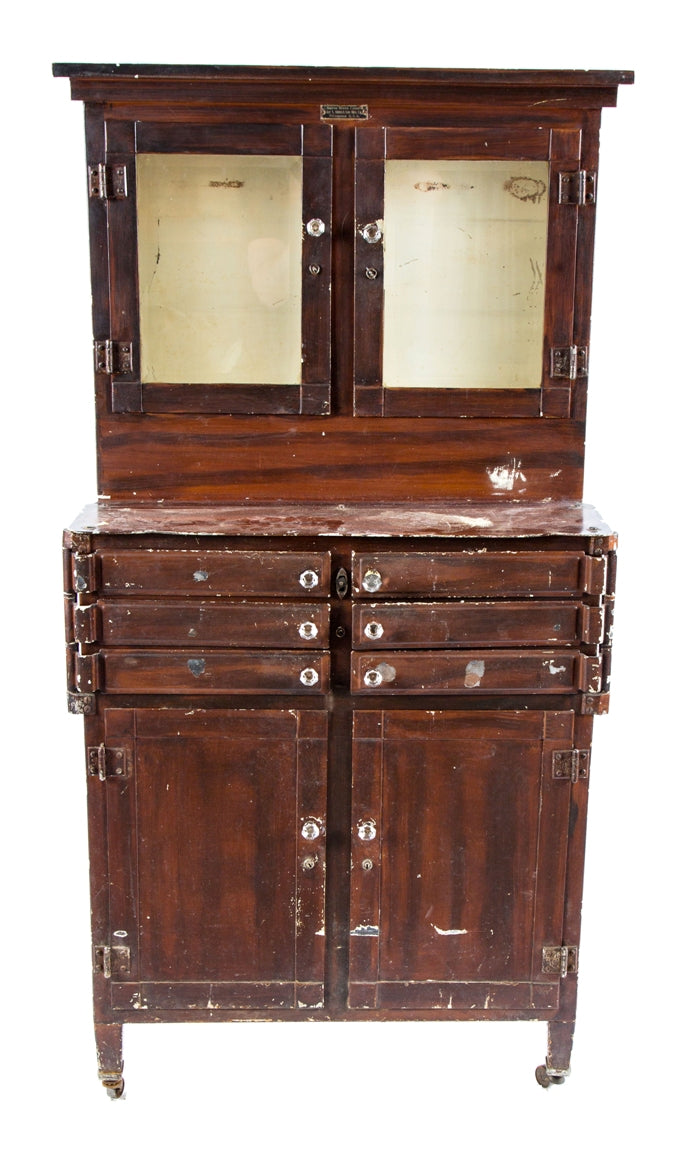 hard to find all original early 20th century antique american medical cold-rolled steel swing-out drawer "aseptic dental" cabinet with faux wood paint finish