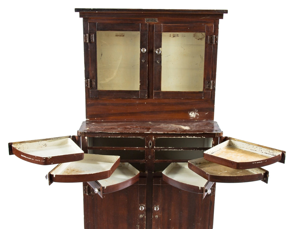hard to find all original early 20th century antique american medical cold-rolled steel swing-out drawer "aseptic dental" cabinet with faux wood paint finish