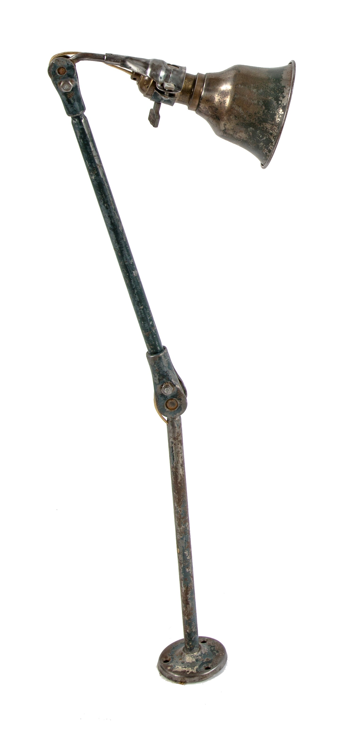original american vintage industrial double-joint articulating arm "localite" machinist shop task lamp with bell-shaped cold-rolled steel shade and paddle switch socket