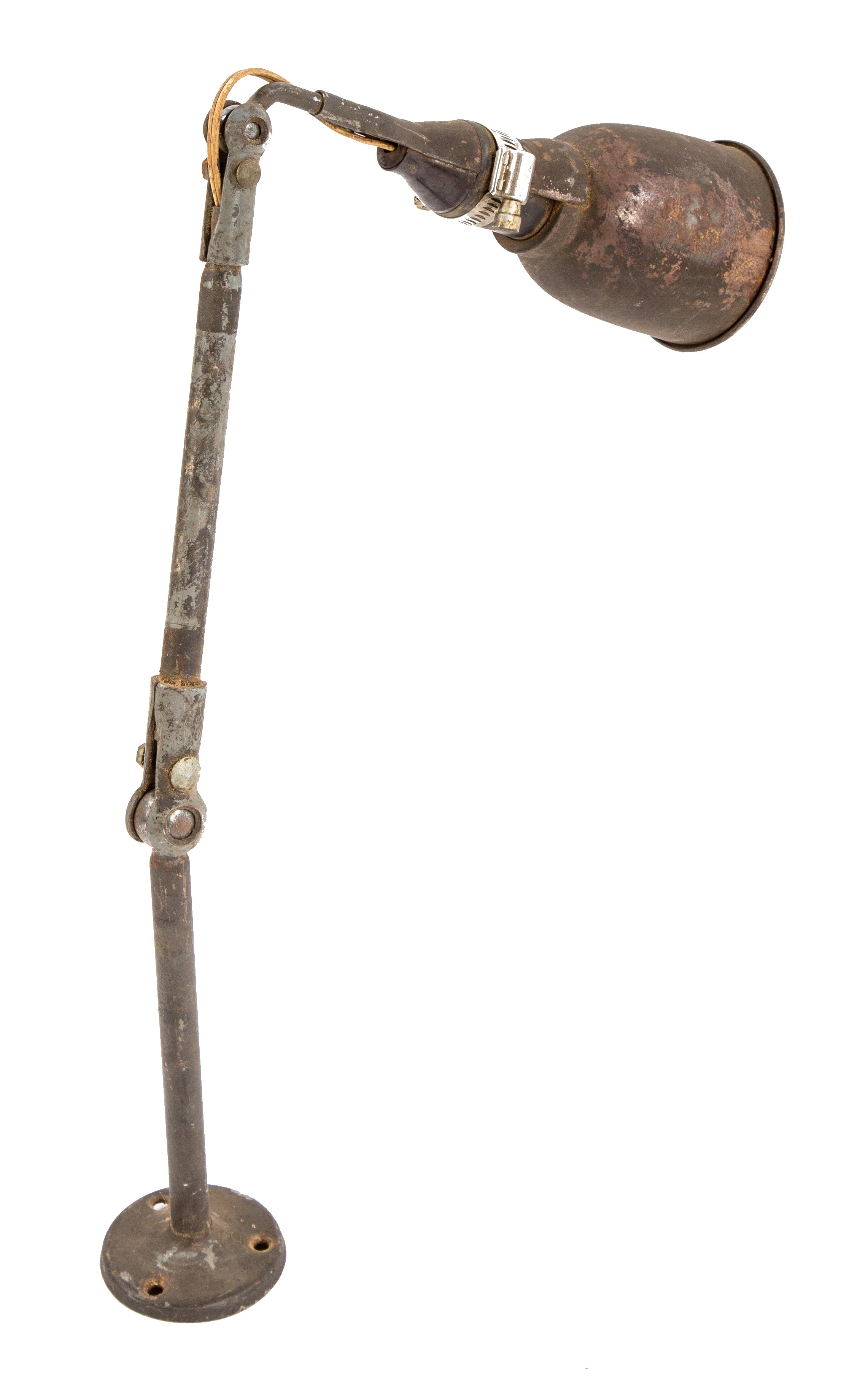 c. 1940's salvaged chicago vintage industrial double-joint articulating arm "localite" factory machinist shop task lamp with uniquely shaped shade and paddle switch socket