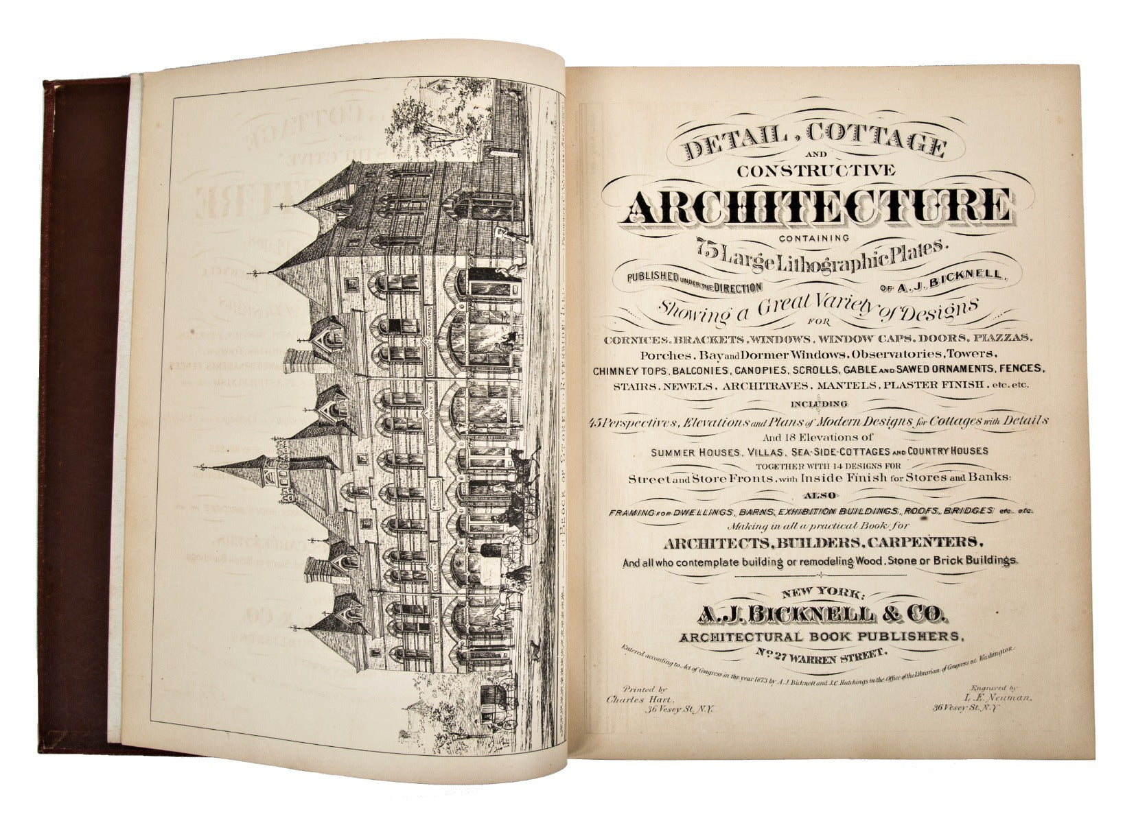 original profusely illustrated bicknell's detail, cottage and constructive architecture book with 75 large lithographic plates