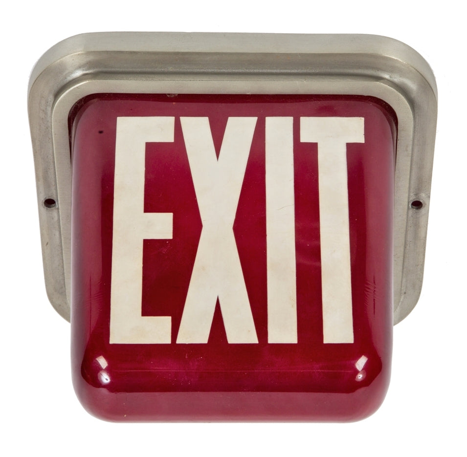 richly colored ruby red art deco style depression salvaged chicago theater house illuminated exit light with stepped brushed aluminum shade fitter