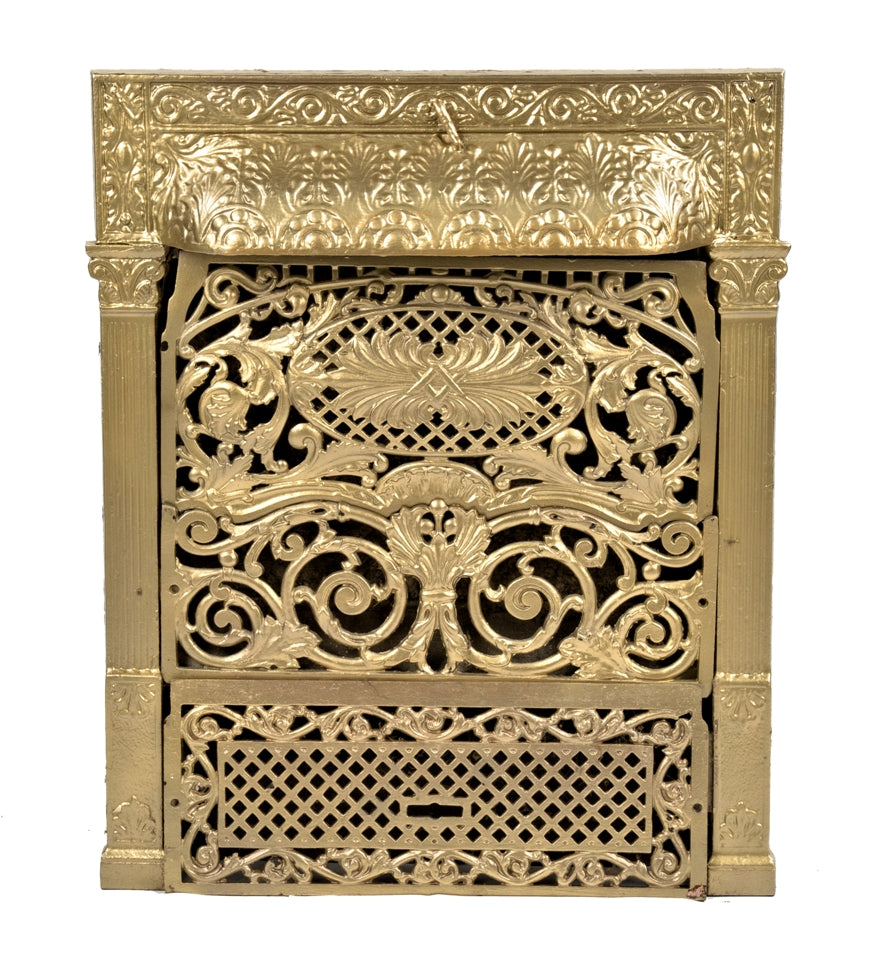 single late 19th century fully functional salvaged chicago interior residential ornamental cast iron fireplace gas insert with intact 3-section perforated grille