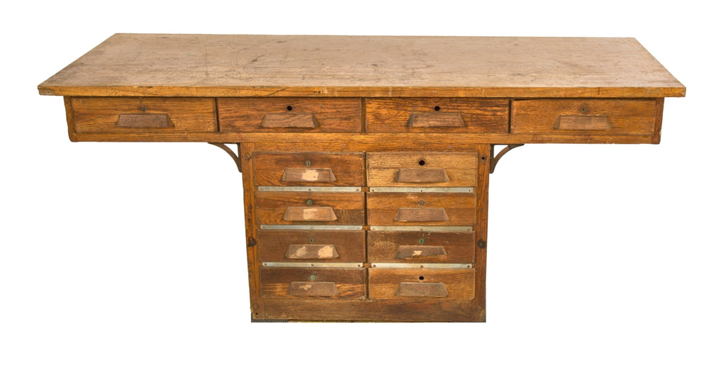 hard to find all original early 20th century salvaged chicago kewaunee solid oak wood public school science laboratory swing-out seat table with centrally located module of drawers
