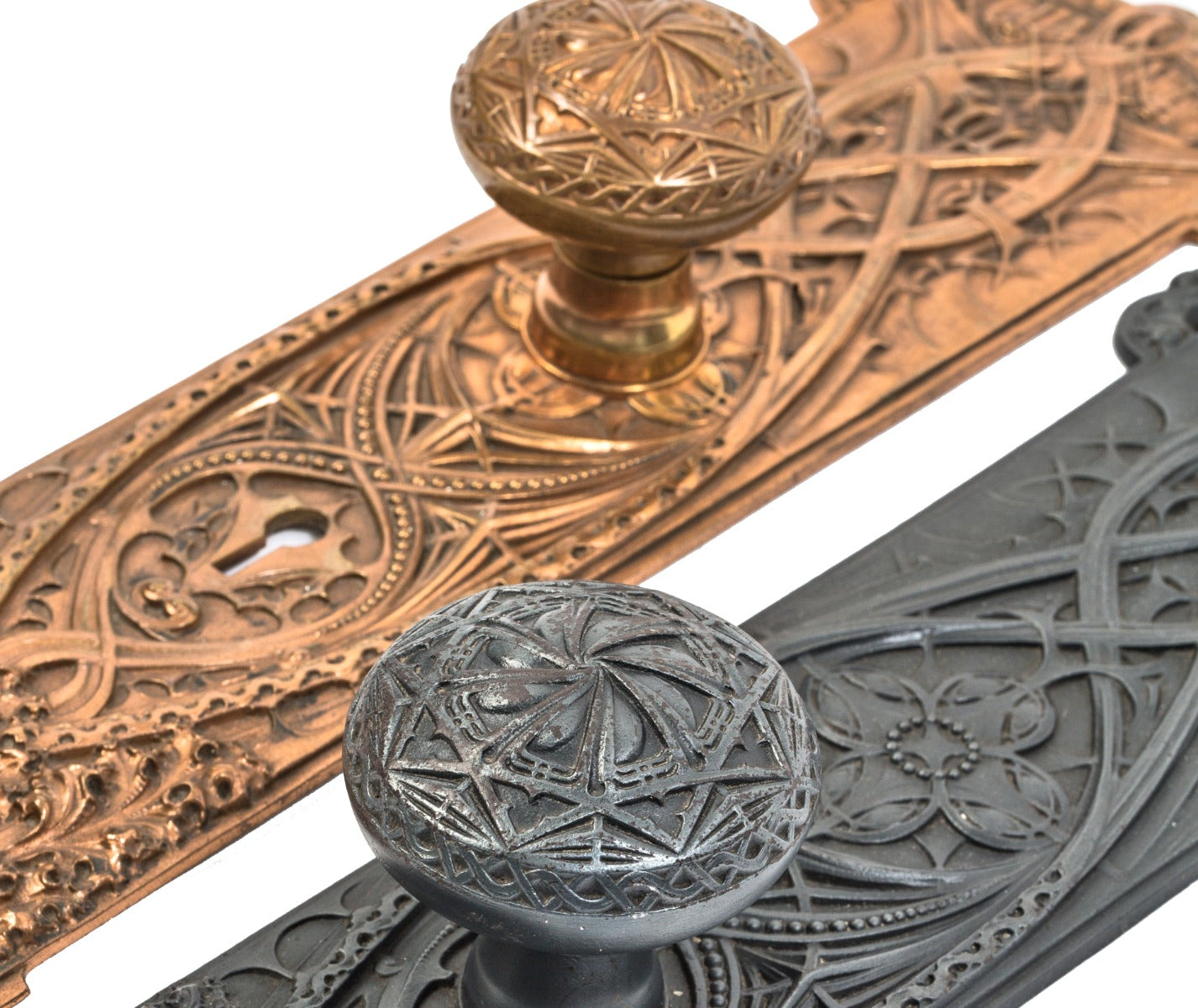 louis h. sullivan-designed ornamental cast iron and bronze guaranty building doorknobs and matching backplates