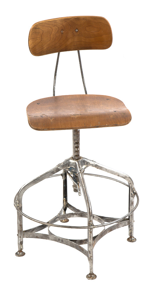 early 1930's american depression era industrial adjustable height factory brushed steel machine shop toledo stool with original footrest