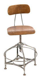 early 1930's american depression era industrial adjustable height factory brushed steel machine shop toledo stool with original footrest