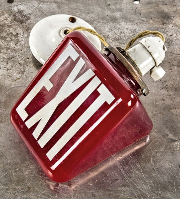 one of several matching original double-sided c. 1930's salvaged chicago ruby red glass ceiling exit light fixtures with porcelain key socket and matching canopy