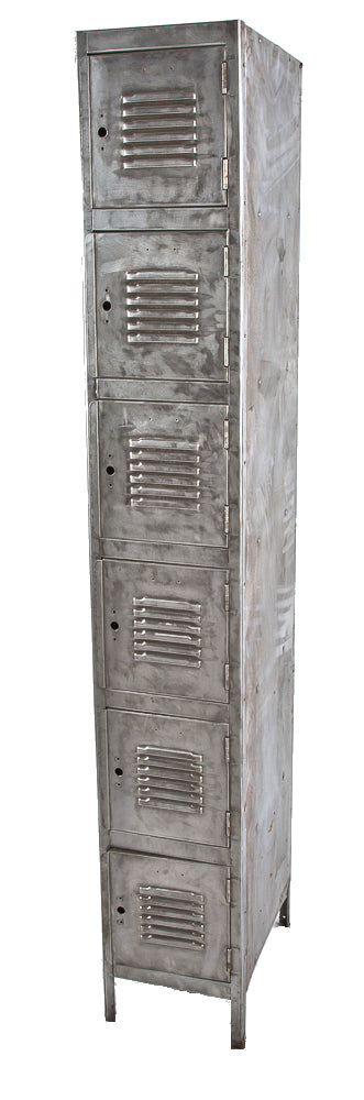 early 1940's american vintage industrial six-unit louvered door freestanding pressed and folded steel chicago factory locker with brushed metal finish