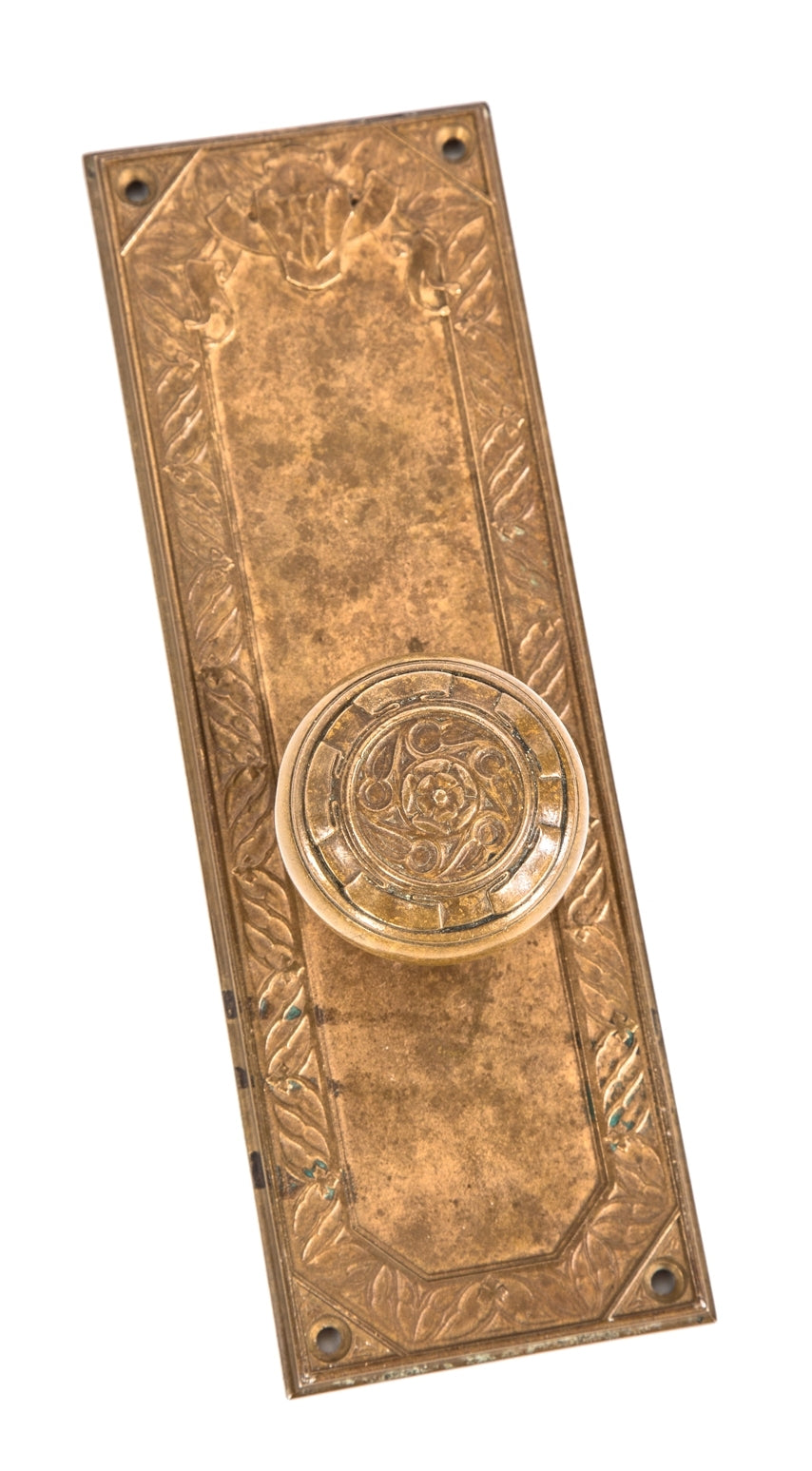 original historically important ornament cast bronze gothic style interior monogrammed backplate and matching doorknob from cass gilbert's new york city woolworth building