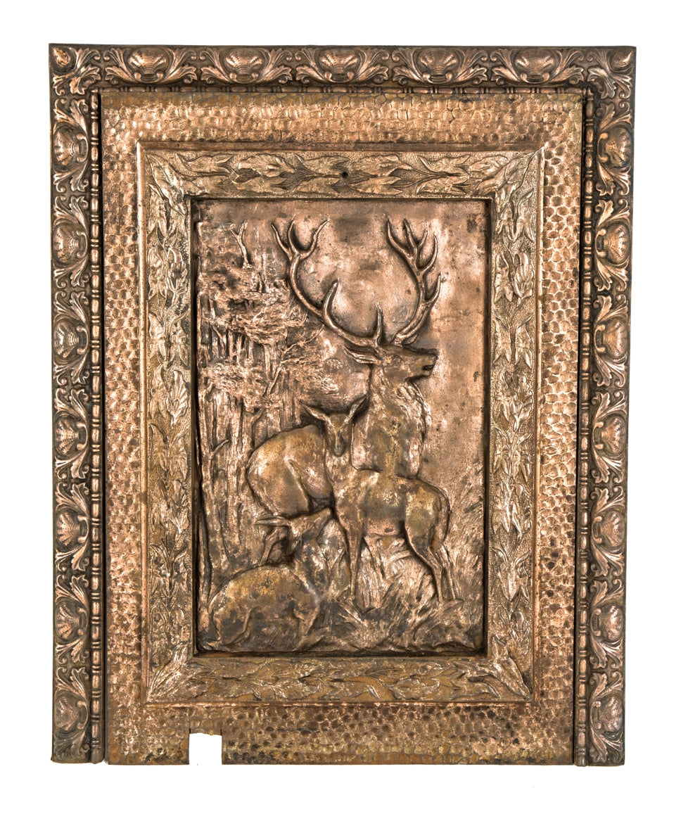 hard to find original copper-plated salvaged chicago ornamental cast iron interior residential 19th century figural fireplace insert and matching surround