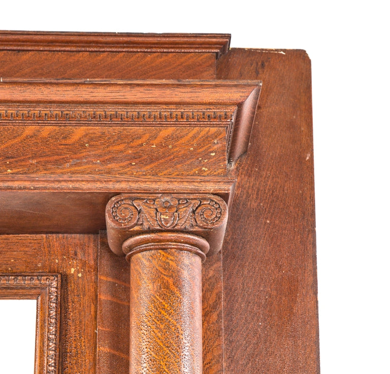early 20th century all original salvaged chicago interior residential quarter-sawn oak wood full-sized fireplace mantel with original beveled edge glass mirror