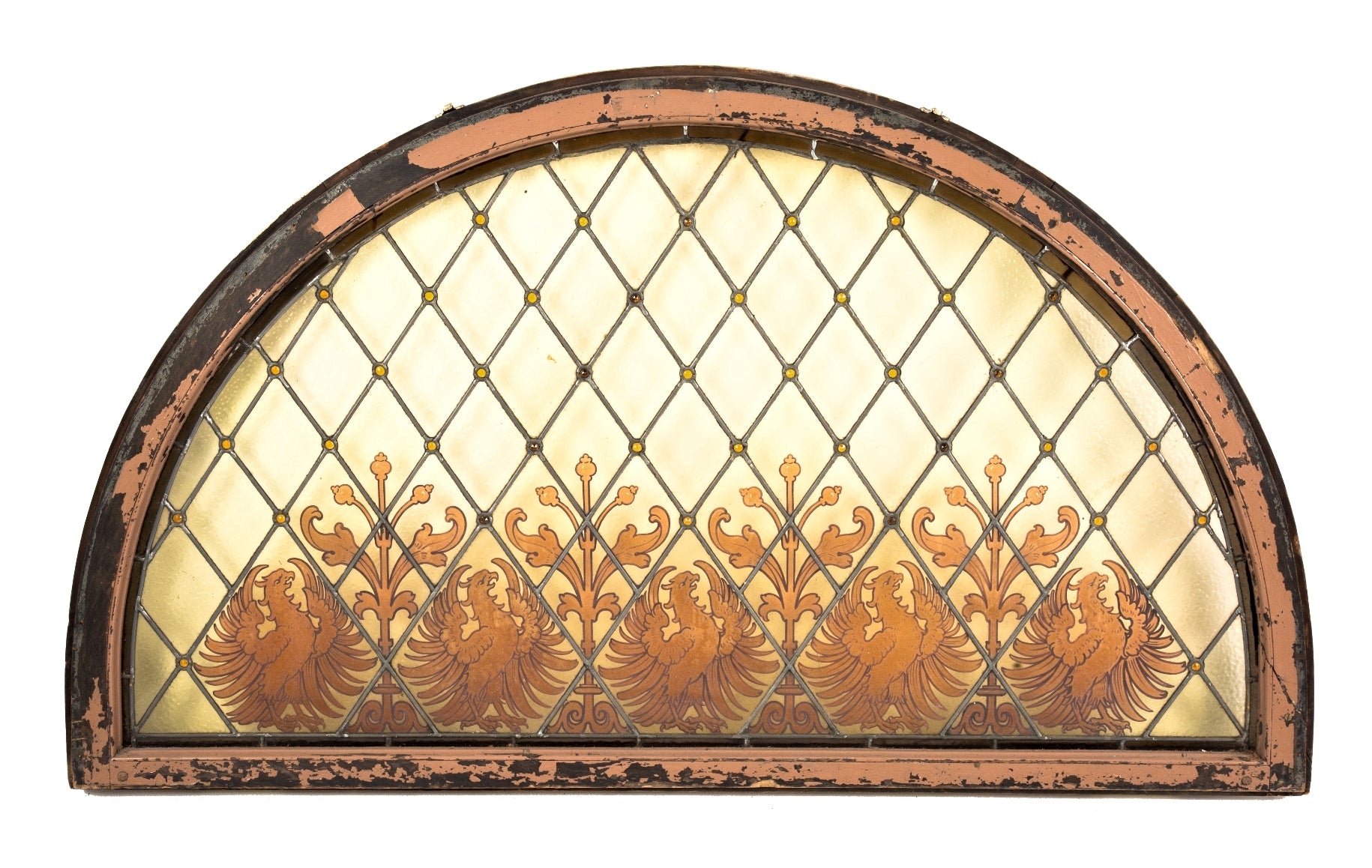 early 20th century oversized salvaged chicago arch-top social hall building stained glass window bedecked with amber jewels and enameled polish eagle