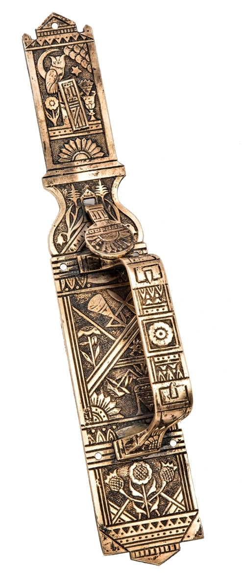 hard to find original 1880's american aesthetic movement oversized salvaged cast brass commercial store door thumb latch handle with owl and crescent moon