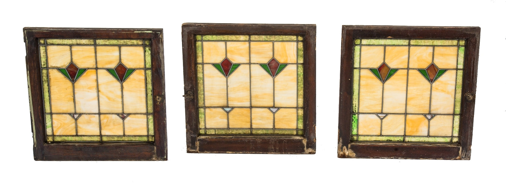 group of three matching early 20th century salvaged chicago leaded art glass bungalow windows featuring richly colored slag glass with abstract floral motifs