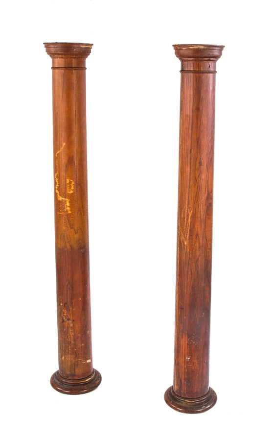 matching set of early 20th century oversized interior residential oak wood room divider columns with varnished finish