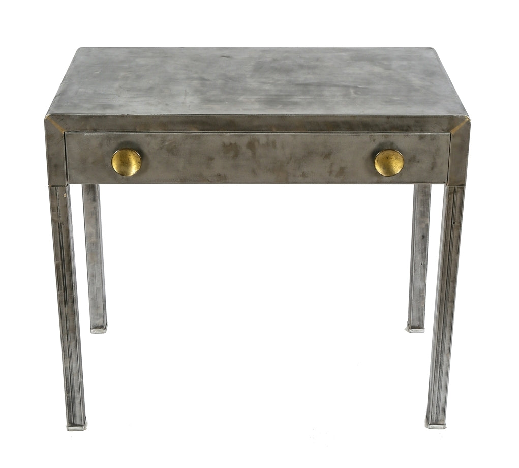 original c. 1940's american industrial pressed and folded steel simple and sleek simmons four-legged desk with single drawer containing original drawer pulls