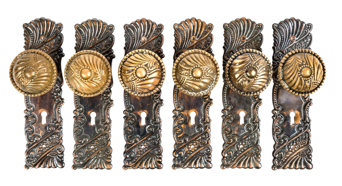 six matching original and intact salvaged chicago wrought brass "roanoke" pattern antique american doorknobs and matching backplates