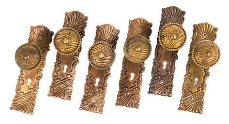 group of late 19th century or early 20th century wrought ornamental brass "roanoke" pattern interior residential salvaged chicago door hardware