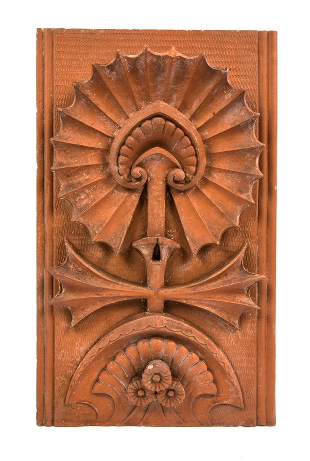 exceptionally rare museum-quality 1884-1885 adler & sullivan scoville red slip glaze terra cotta frieze panel with webbed lotus flower motif