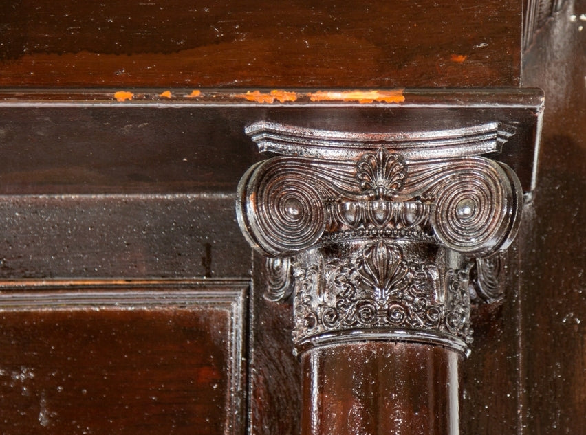 late 19th or early 20th century american victorian solid oak wood salvaged chicago pier mirror with fluted columns and ornamental ionic capitals